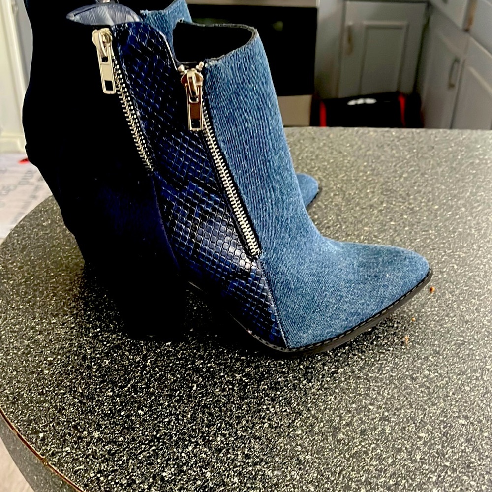 These ankle boots are denim and never worn.  I broke my foot - no more heels.